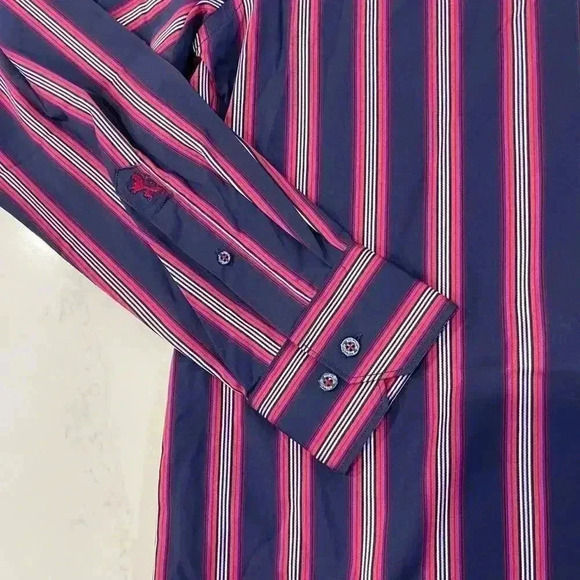 Bugatchi Uomo NWT Blue Pink Striped Dress Button Down Shirt Shaped Fit Men Large - Picture 3 of 9